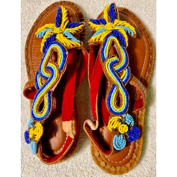 Hand Crafted Shoes - Maasai Sandals Handcrafted in Africa Beaded Leather Womens US 6.5 EU Size 37